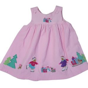 Christmas Jumper Dress Girls Sz 12 mths Pink Corduroy Embroidered Winter Skating